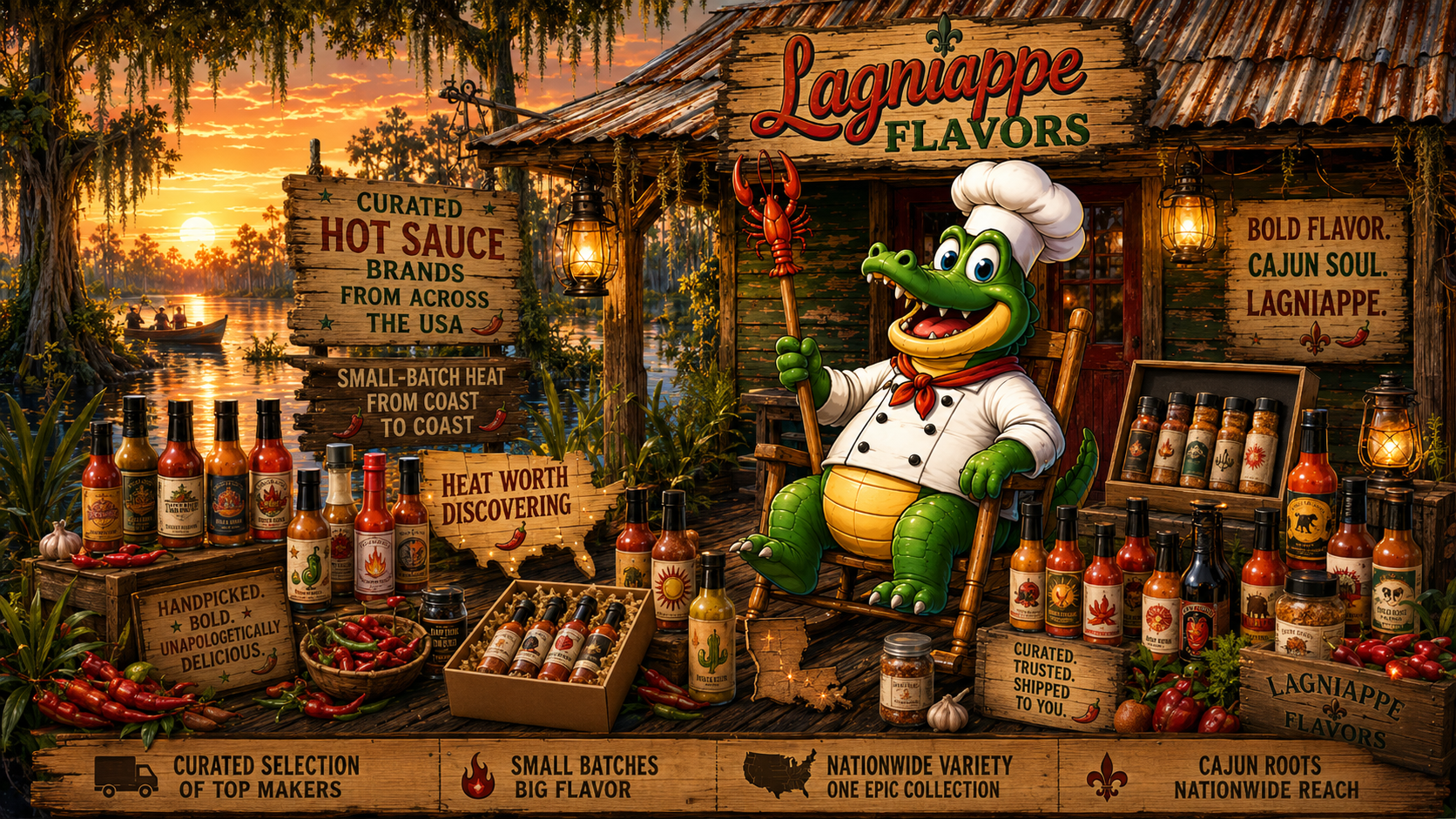 Lagniappe Flavors alligator chef surrounded by curated American hot sauce brands on a Cajun bayou porch