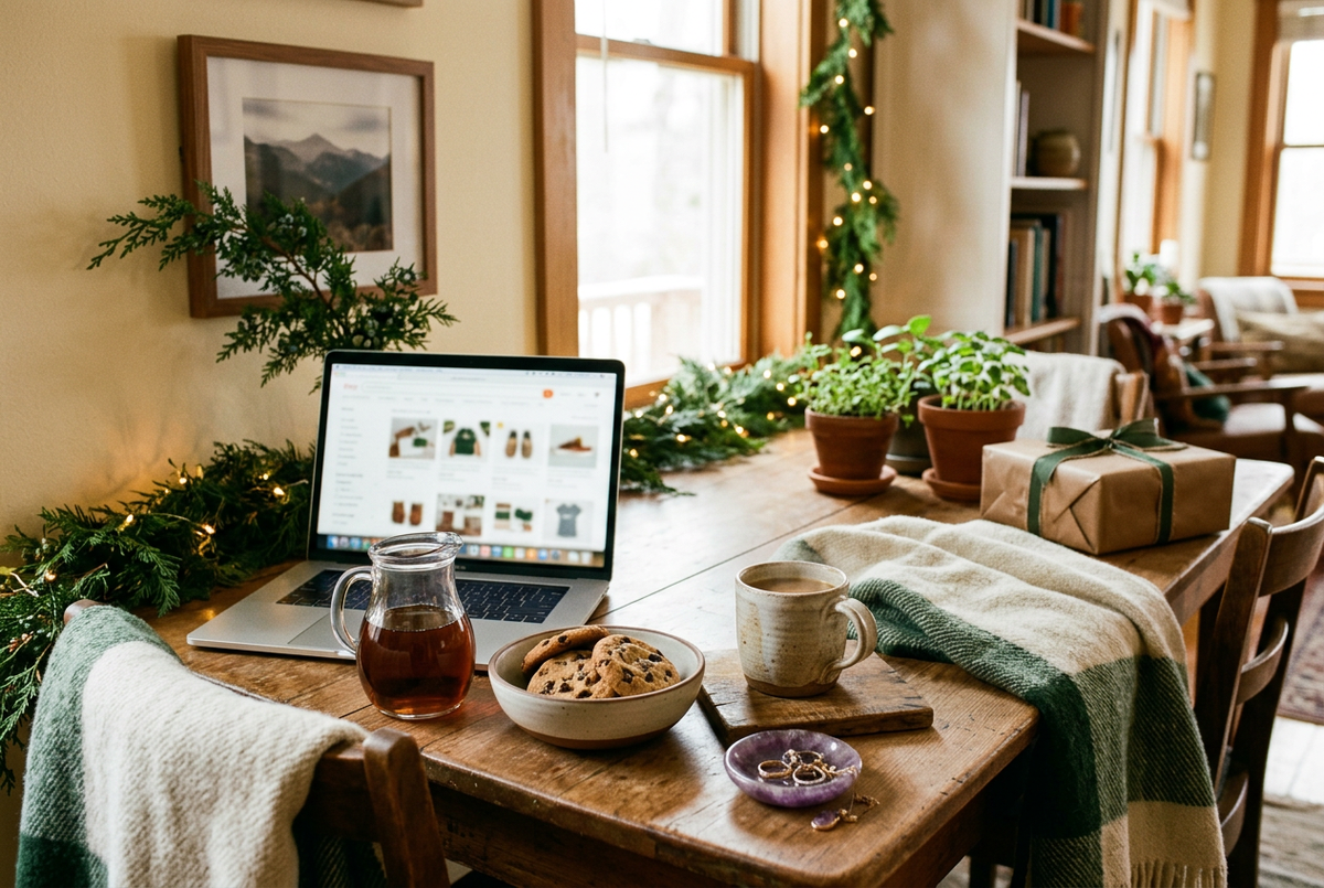 Laptop, cookies, syrup, textiles and a wrapped gift on a holiday table – Lagniappe Flavors