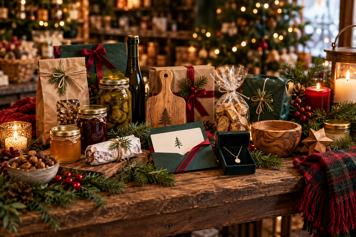 Holiday market table with artisan food jars, a gift card, wrapped specialty packages, fine jewelry, pine sprigs, and warm candlelight in rich Christmas tones – Lagniappe Flavors