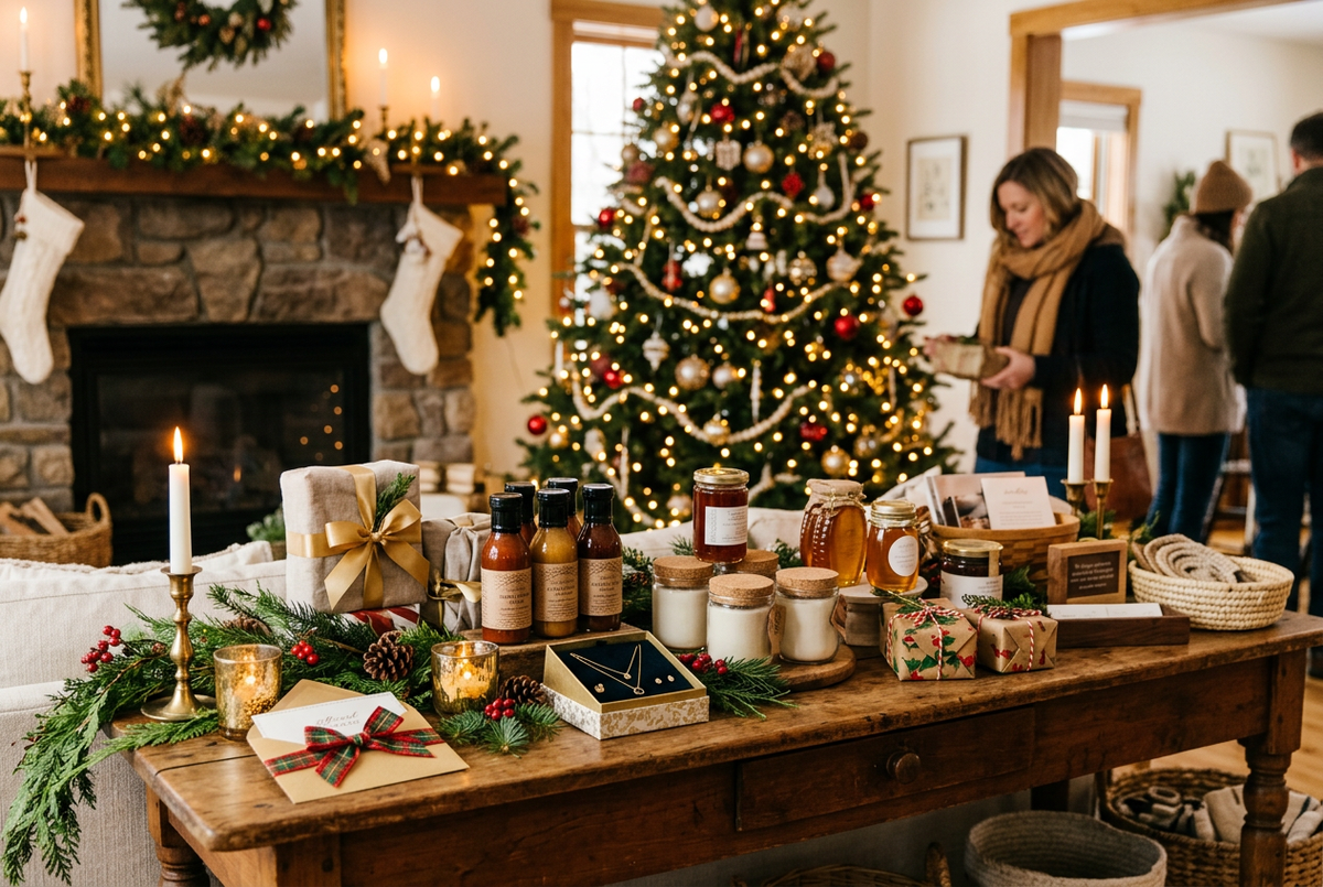 Festive Christmas shopping display with holiday gifts and warm seasonal decorations, introducing the Lagniappe Flavors Christmas music playlist and online American-maker gift discovery