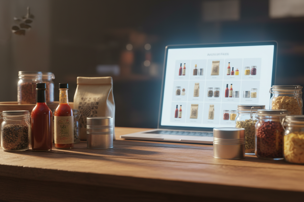 A laptop displaying online shopping beside curated regional goods, representing the Lagniappe Flavors digital farmers market.