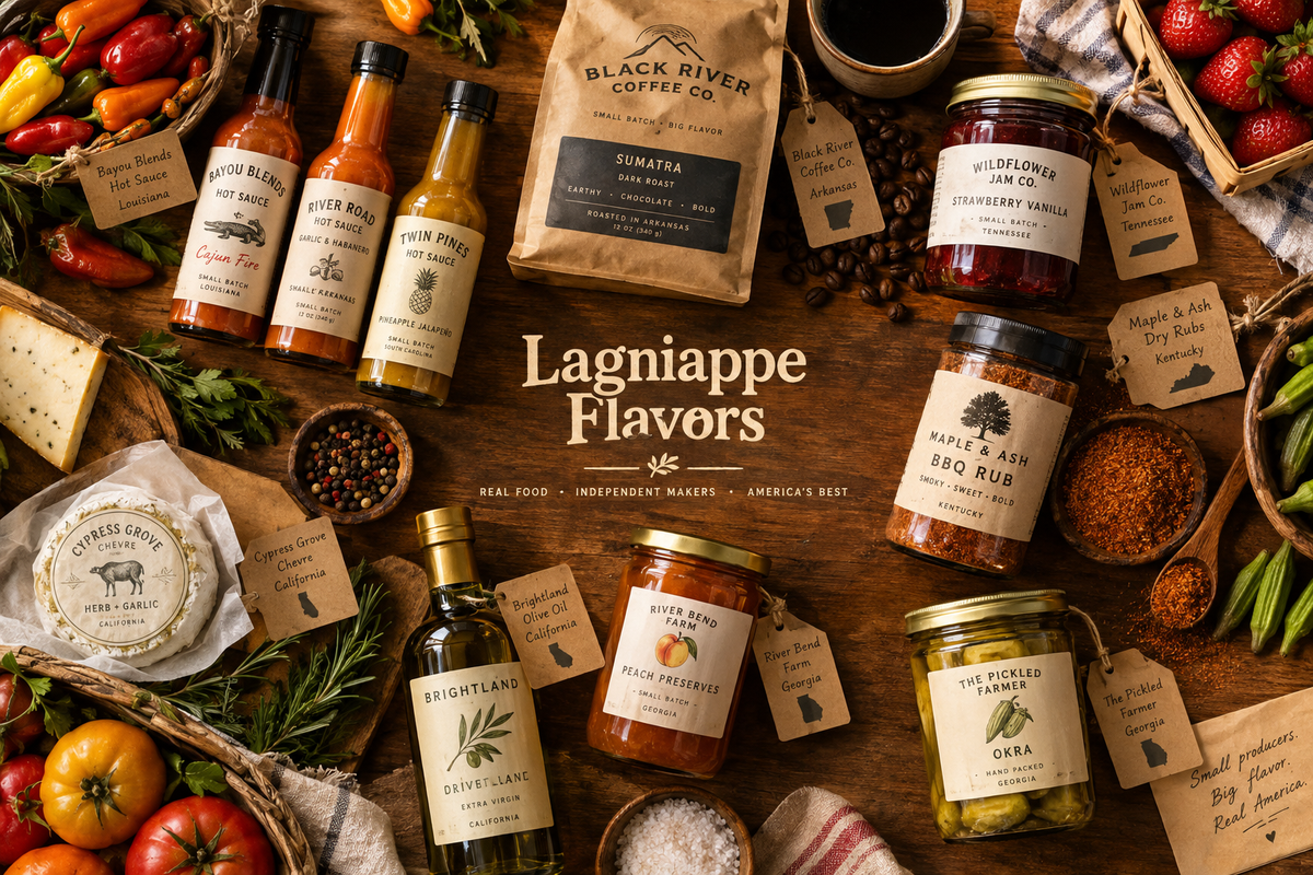 The Discovery Flywheel for Lagniappe Flavors, America’s Digital Farmers Market, connecting interest, product, maker, region and next stall.