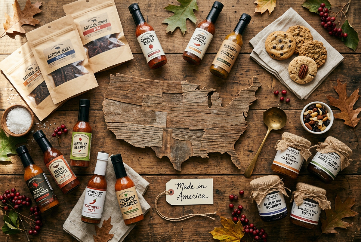 Curated display of American specialty foods and gifts representing Lagniappe Flavors, America's Digital Farmers Market