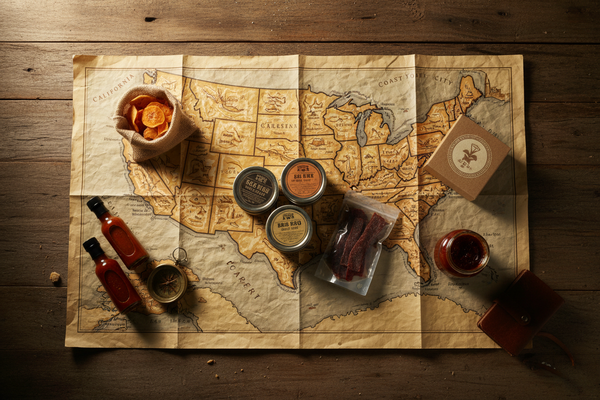 Unfolded U.S. road map with artisan foods marking a coast-to-coast journey through independent American makers – Lagniappe Flavors.