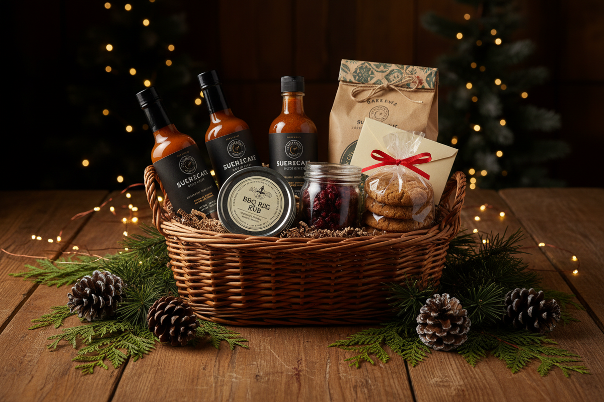 Holiday gift baskets and independent American maker goods arranged for Christmas gifting in the Lagniappe Flavors digital farmers market.