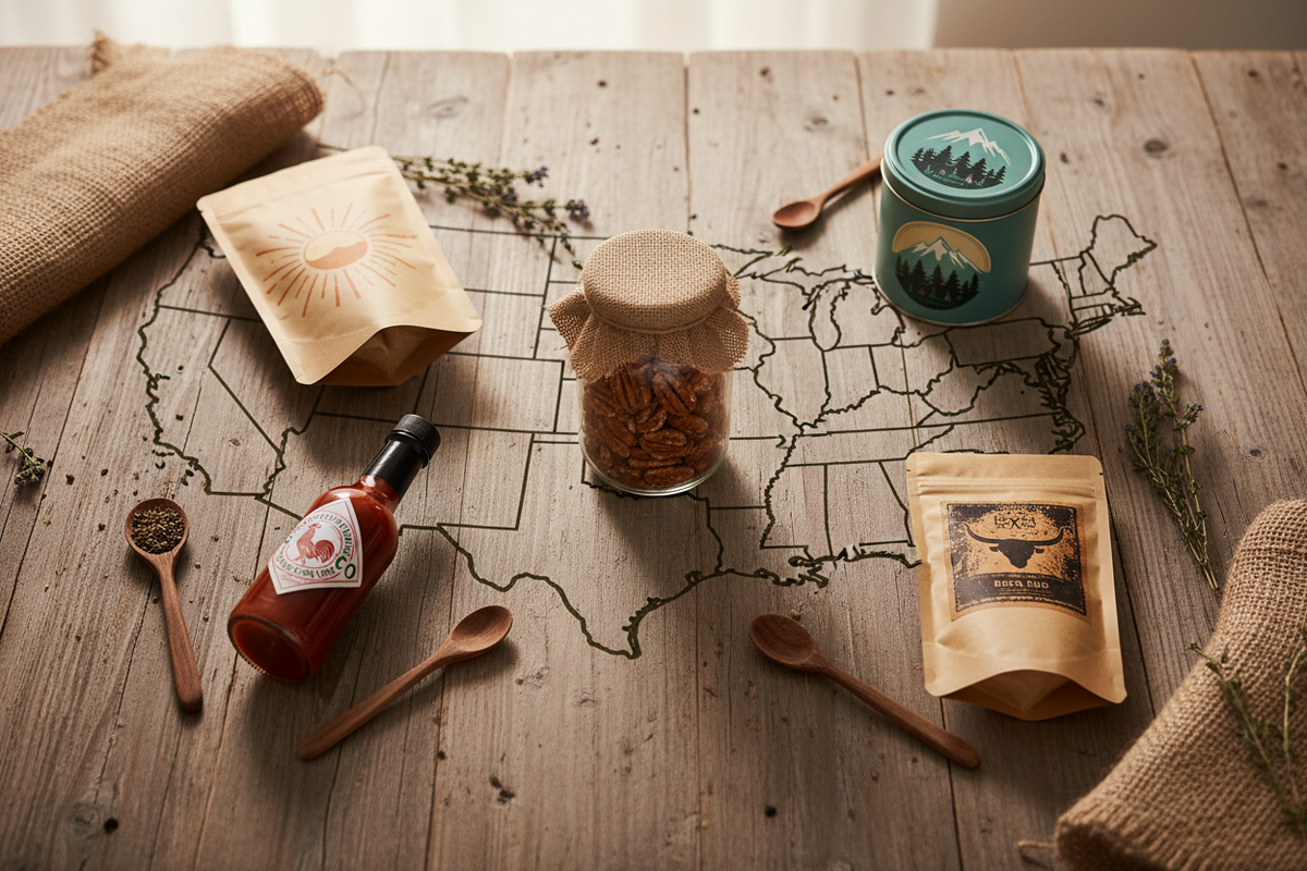 Independent American maker foods and specialty goods arranged across a warm regional market table – Lagniappe Flavors.