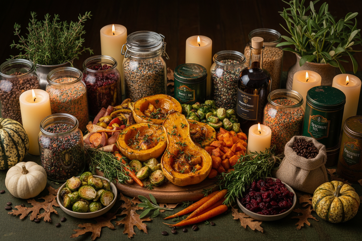 A warm inclusive Thanksgiving table filled with plant-forward dishes, seasonal harvest foods and room for everyone.