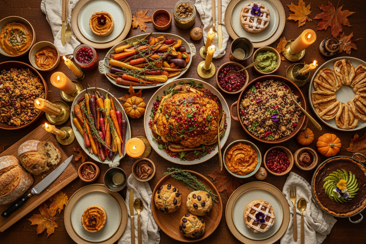 Warm inclusive Thanksgiving table with plant-forward dishes and specialty foods from independent American makers.
