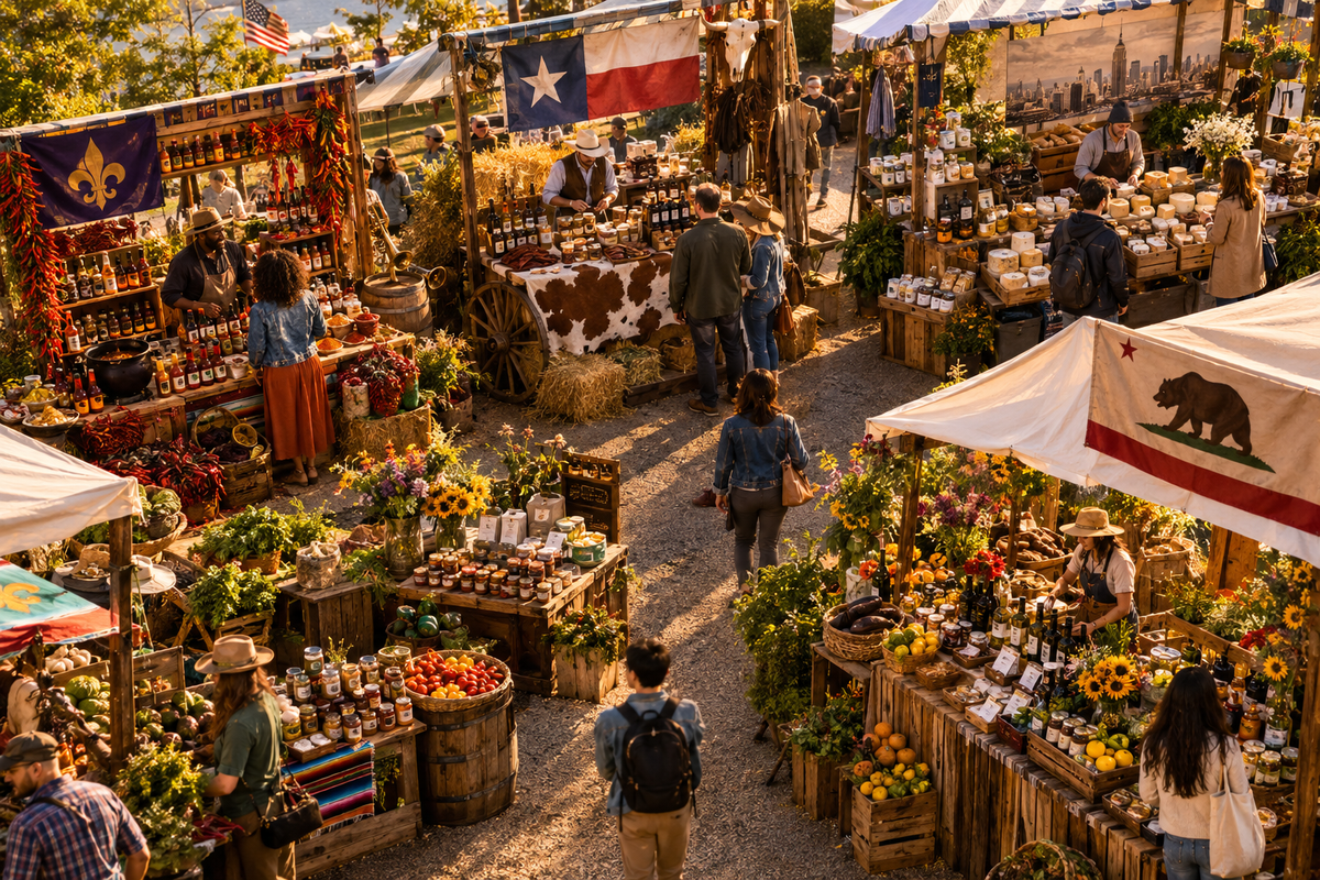 Colorful regional market stalls from Louisiana, Texas, New York and California filled with artisan specialty foods and independent maker goods – Lagniappe Flavors