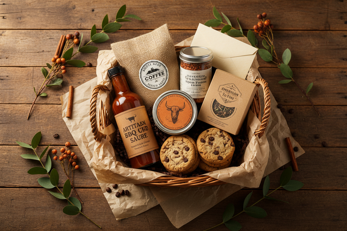 A curated gift basket with artisan BBQ sauce, coffee, spice rub, cookies, tea, and a gift card envelope on a warm wooden table – Lagniappe Flavors.