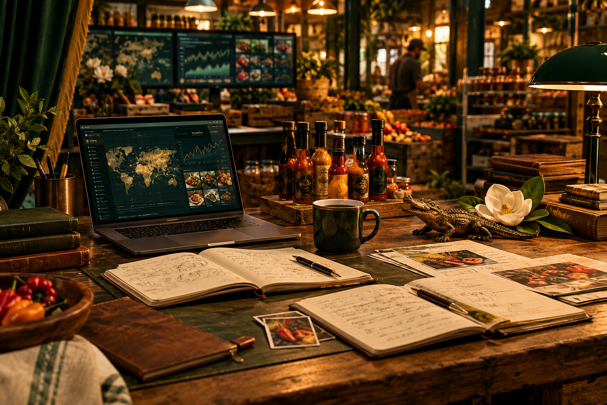 A rustic workbench with a glowing laptop, notebooks, artisan hot sauce bottles, and a small alligator figurine in warm amber light — Lagniappe Flavors.