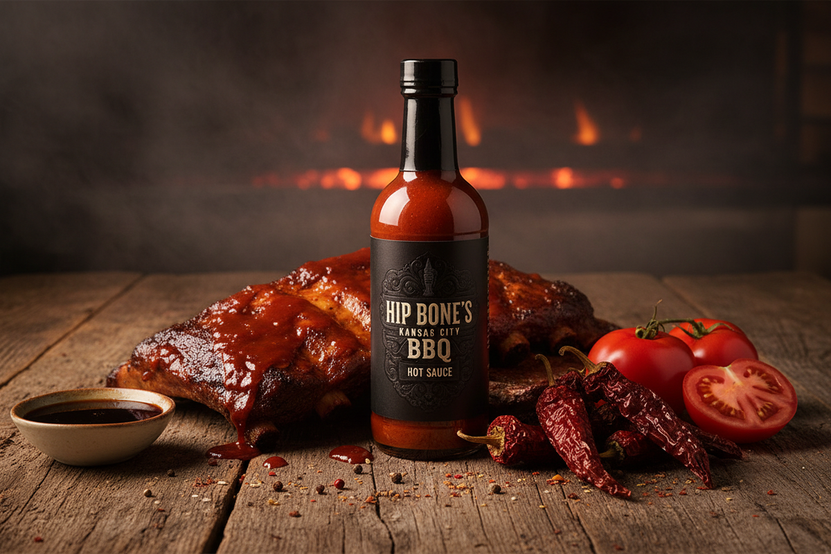 Hip Bone Kansas City BBQ hot sauce bottle with smoked ribs molasses and chili peppers rustic artisan small-batch condiment