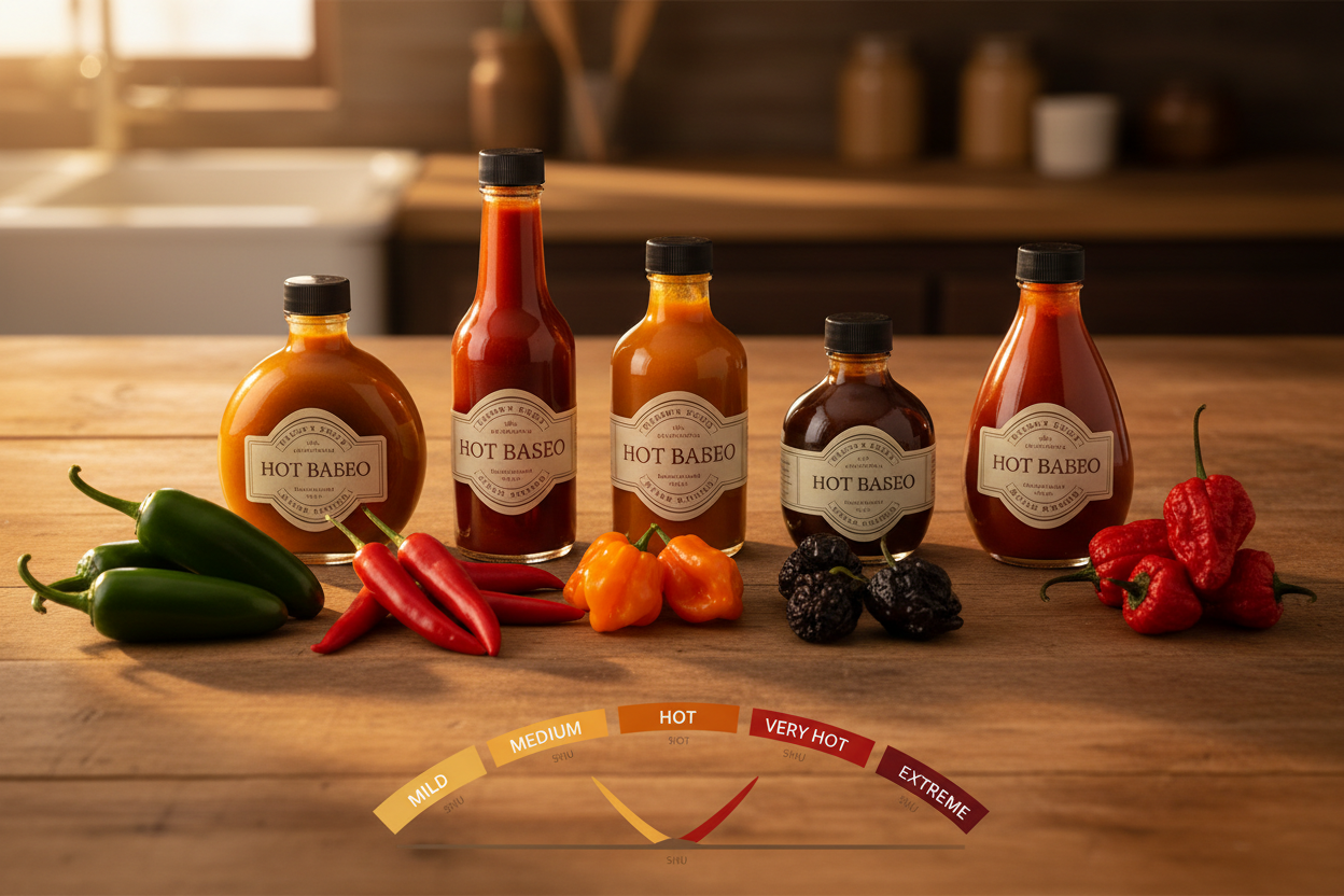 Artisan hot sauce bottles and fresh peppers arranged by heat level on a rustic wood surface with a Scoville heat scale from mild to extreme — Lagniappe Flavors hot sauce guide