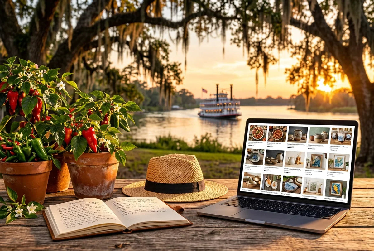 Pepper plants, a notebook and a marketplace laptop beside a Louisiana river at sunset – Lagniappe Flavors