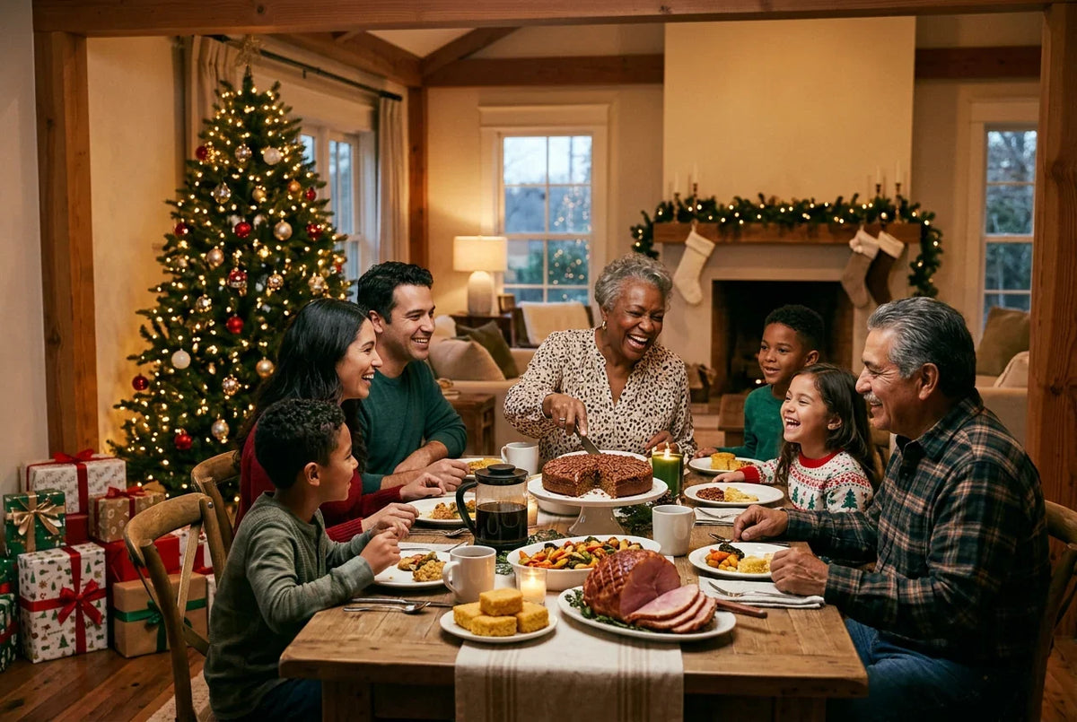 Family gathering around a festive Christmas table with holiday dishes, pecan cake and a glowing tree – Lagniappe Flavors