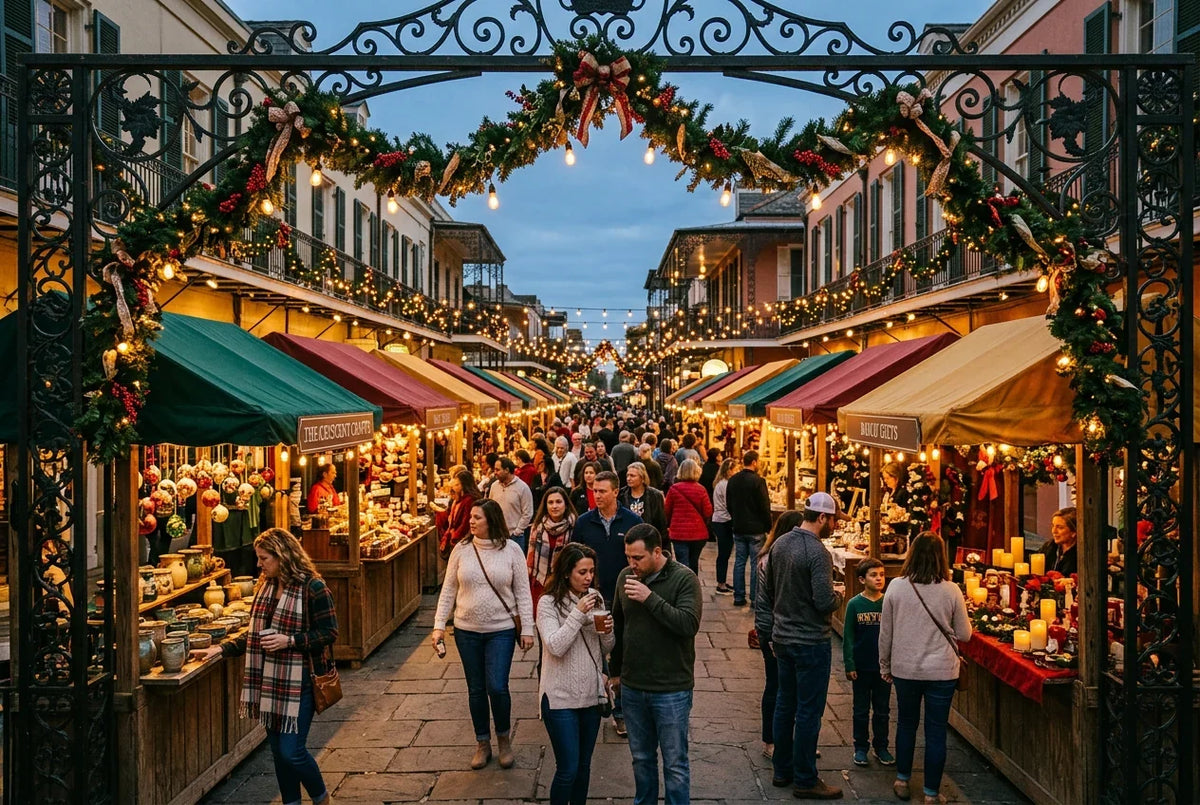 American shoppers enjoying the festive entrance to a New Orleans-inspired Christmas market — Lagniappe Flavors