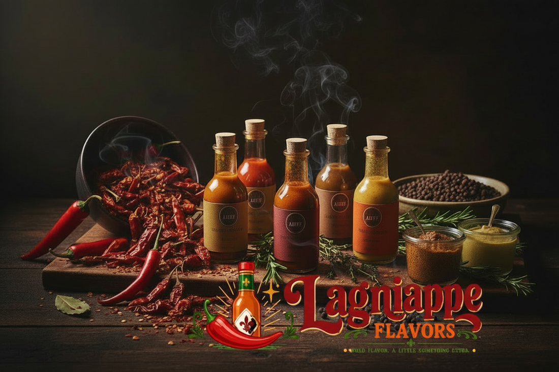 Lagniappe Flavors artisan hot sauce brand hero image featuring bold small-batch hot sauce bottles, fresh red chilies, and the Lagniappe Flavors logo with fleur-de-lis and tagline Bold Flavor A Little Something Extra