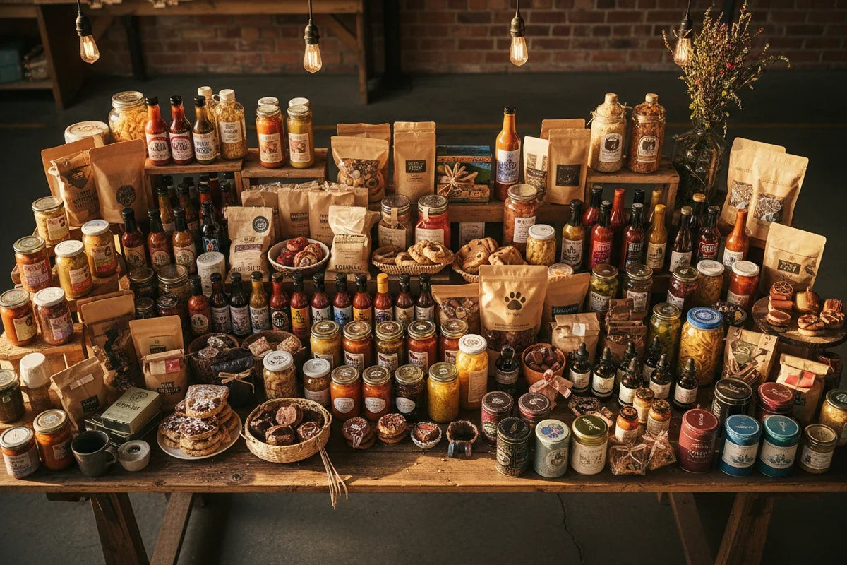 Lagniappe Flavors Digital Farmers Market with regional American foods, drinks, wellness products and specialty gifts from independent makers in warm golden light.