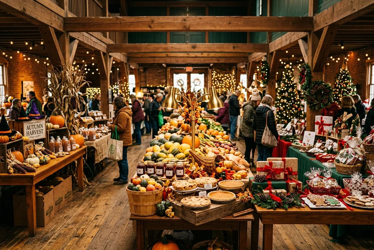 Warm American holiday market hall with Halloween pumpkins, Thanksgiving harvest items, and Christmas gift boxes glowing under amber market lights – Lagniappe Flavors