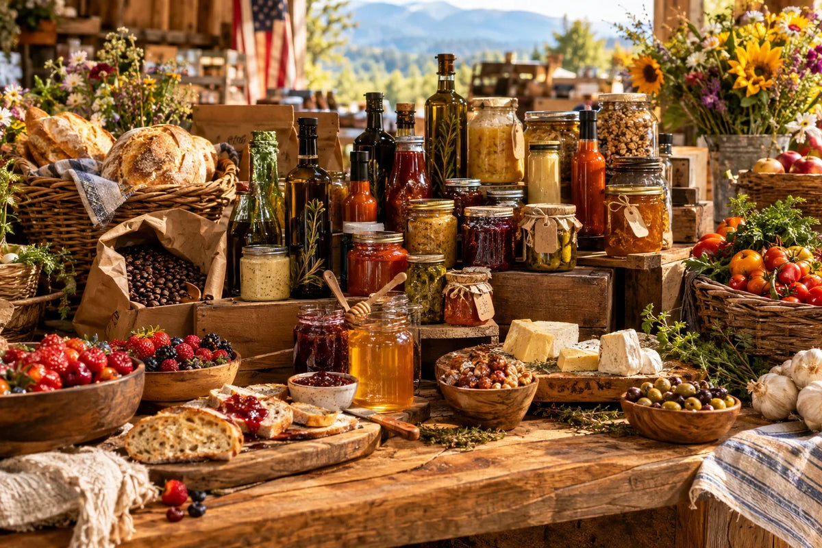 Sunlit American farmers market aisle with artisan foods, maker stalls, and inviting pathways that encourage shoppers to wander – Lagniappe Flavors
