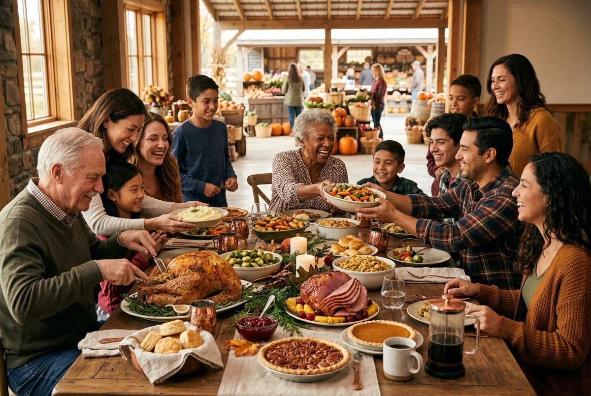 Thanksgiving table with roast turkey, colorful sides and diverse family members sharing a harvest meal – Lagniappe Flavors