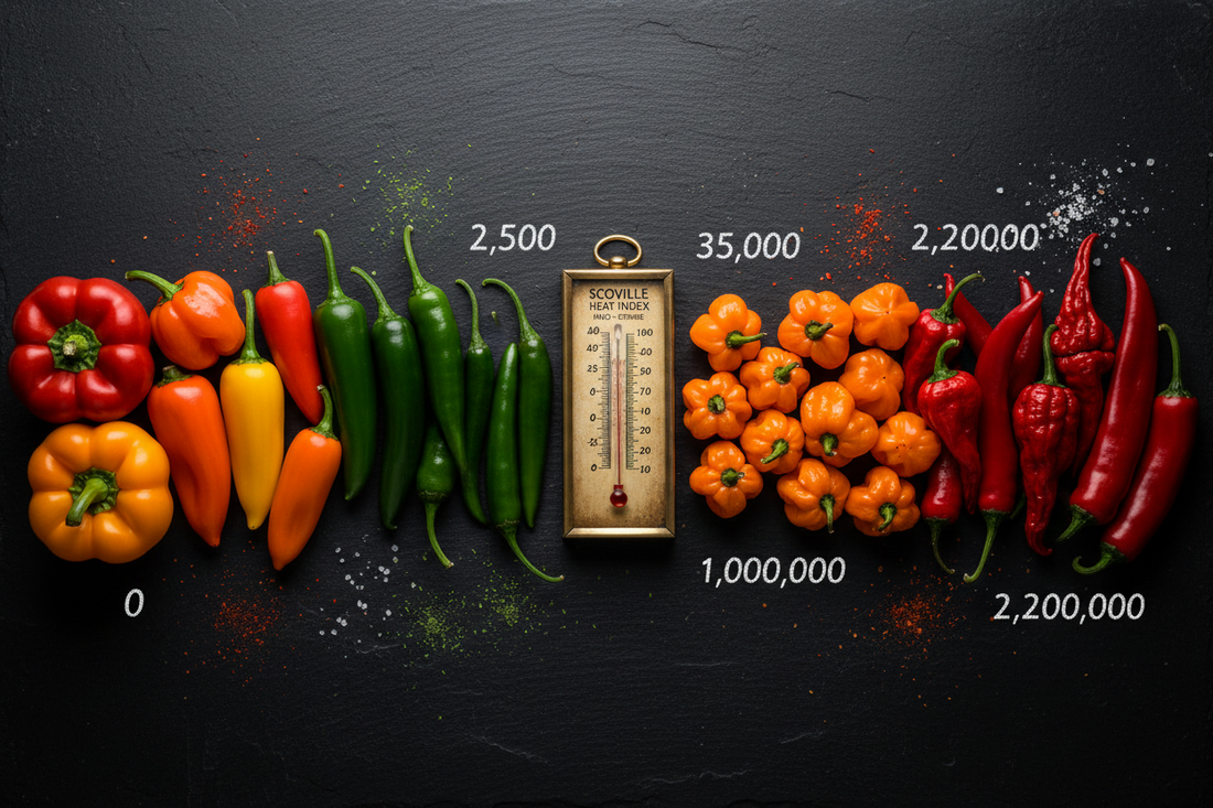 Colorful chili peppers arranged by heat level on dark slate surface representing the Scoville scale from mild to extreme
