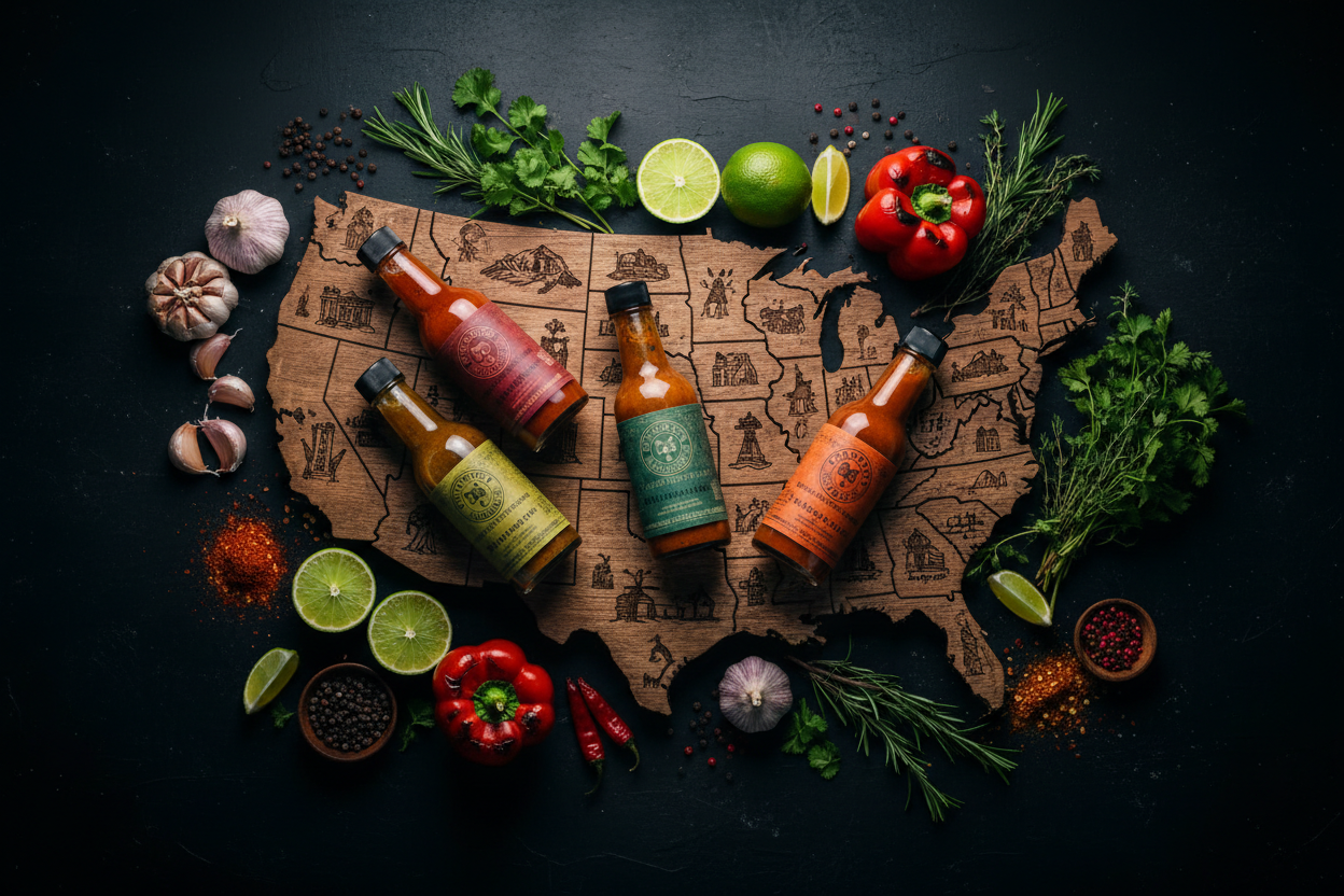 Artisan hot sauce bottles from brands across the United States arranged on a rustic wooden surface with regional ingredients