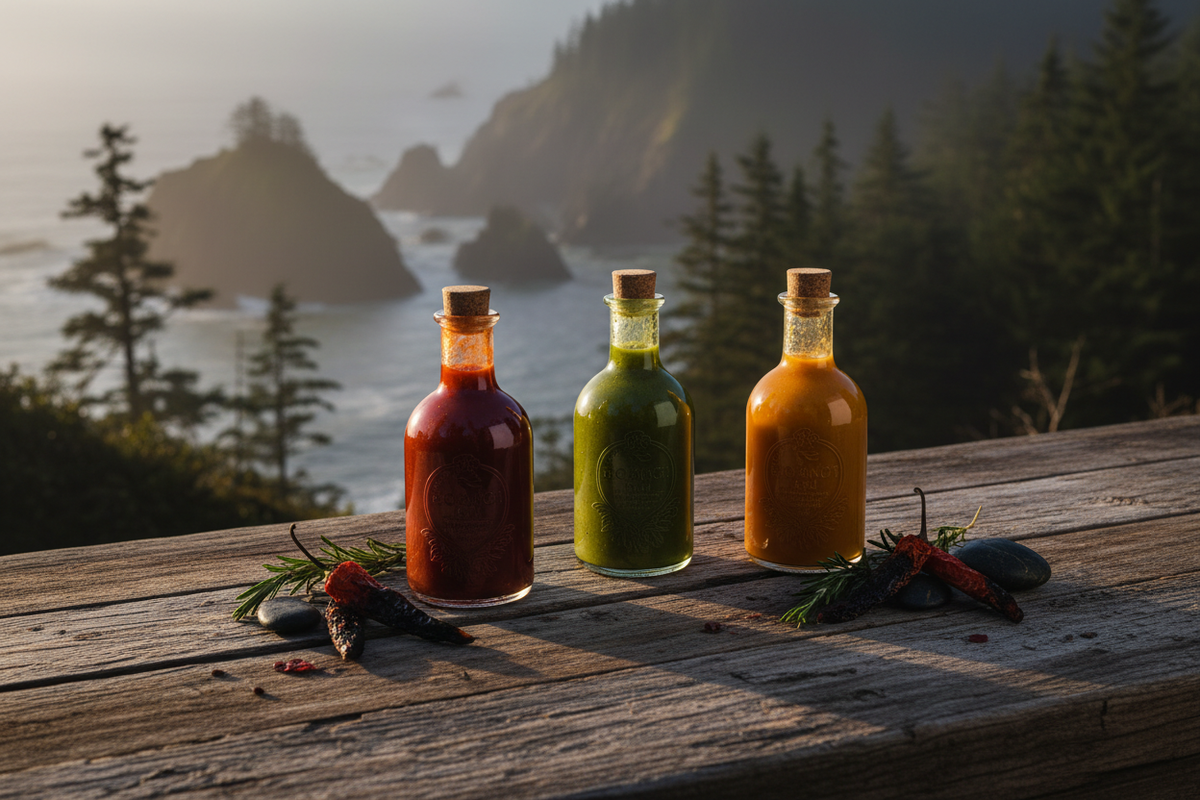 Artisan hot sauce bottles from California, Washington, and Alaska craft makers, styled on weathered wood with warm Pacific Coast lighting