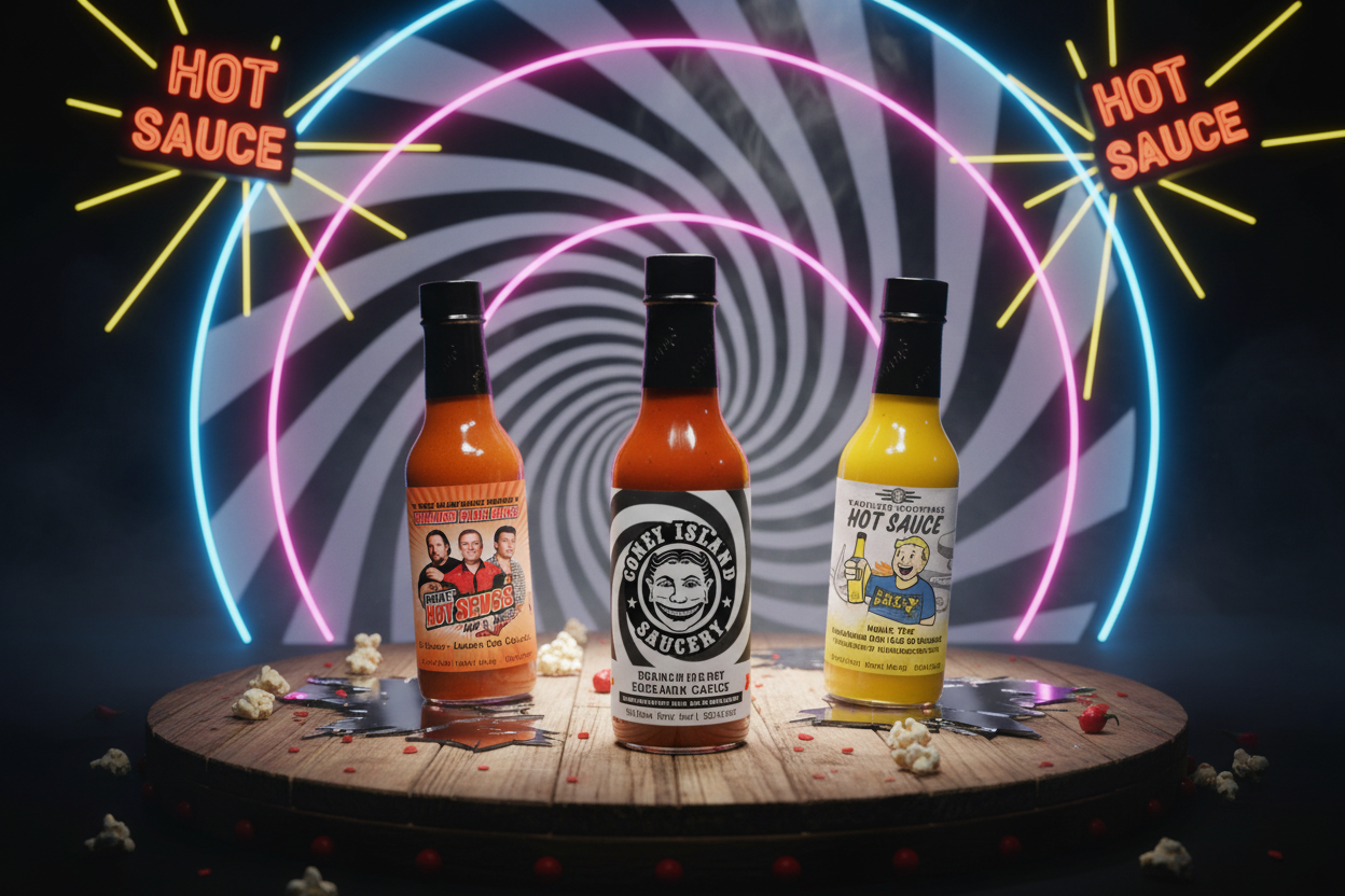 Coney Island Saucery pop culture licensed hot sauce collection bold carnival flavors