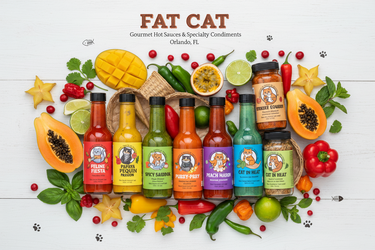 Fat Cat Gourmet hot sauce and specialty condiments collection small-batch fruit pepper flavors