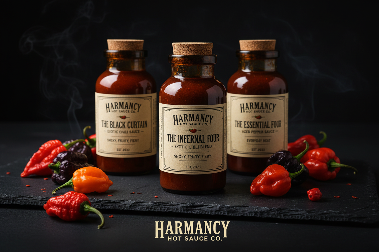 Harmacy Hot Sauce Co. gourmet hand-crafted hot sauce collection complex exotic pepper flavors