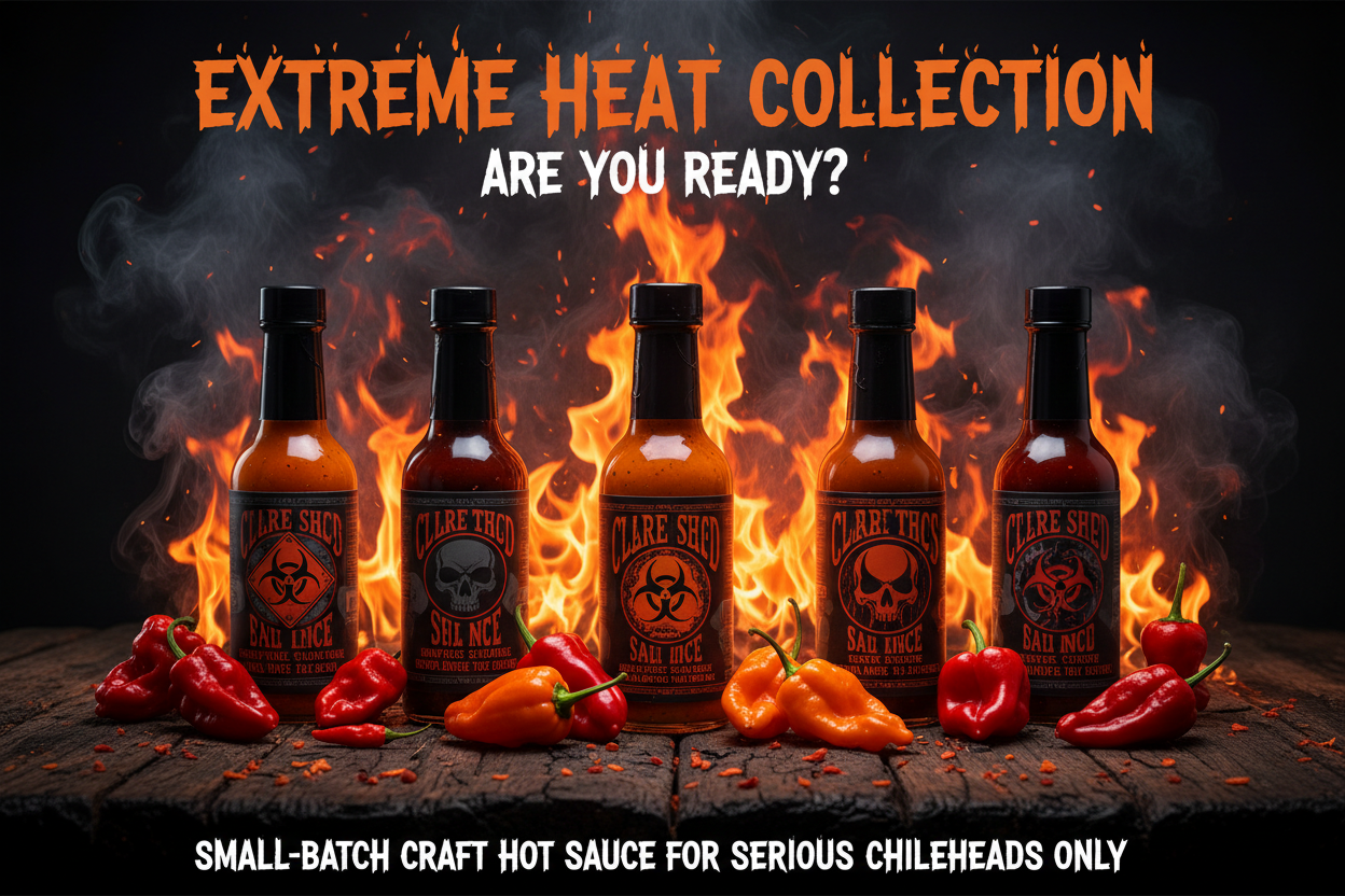 Extreme Heat collection of Carolina Reaper ghost pepper and scorpion small-batch craft hot sauces for serious chileheads and maximum heat lovers