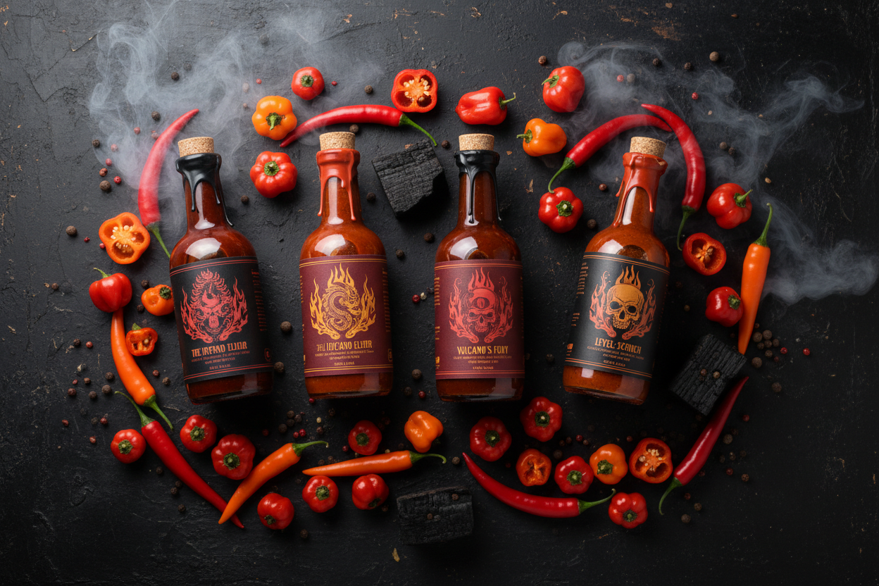 Hot Heat collection of serious small-batch craft hot sauces with intense habanero and scotch bonnet heat for dedicated hot sauce enthusiasts