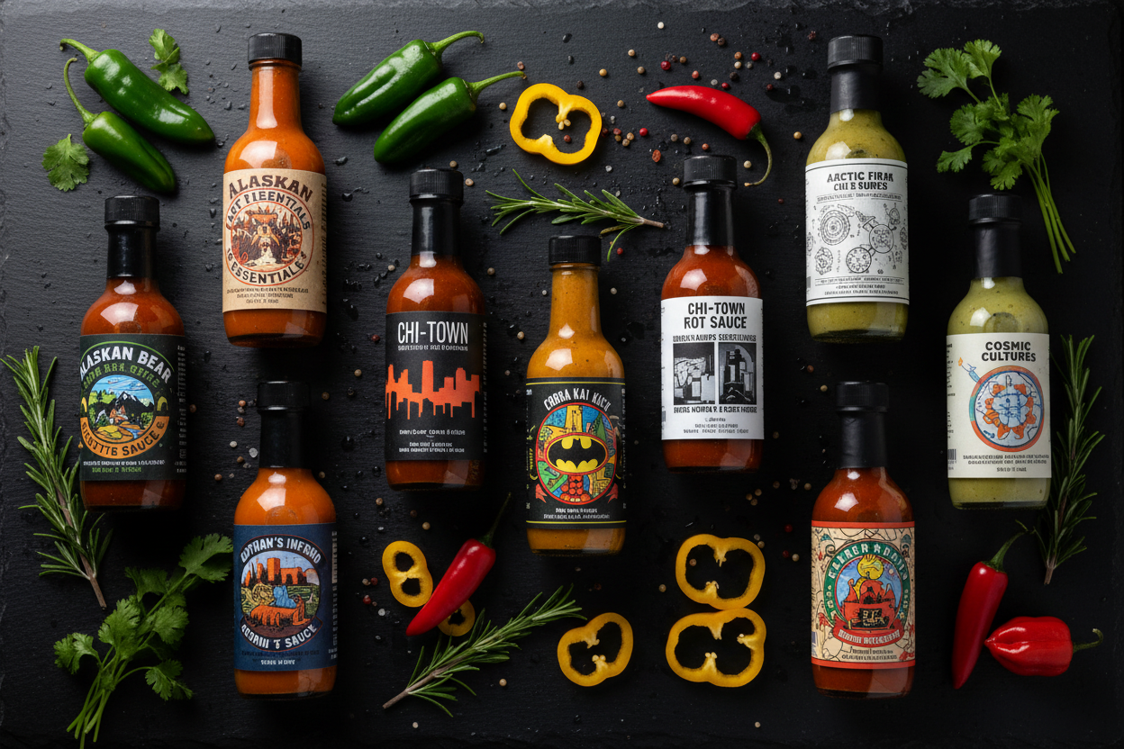 Curated collection of small-batch craft hot sauce brands A through D including Bear Spray Big Fork Brands Cain's Hot Sauce California Hot Sauce Solutions Coney Island Saucery and Culture Hot Sauce