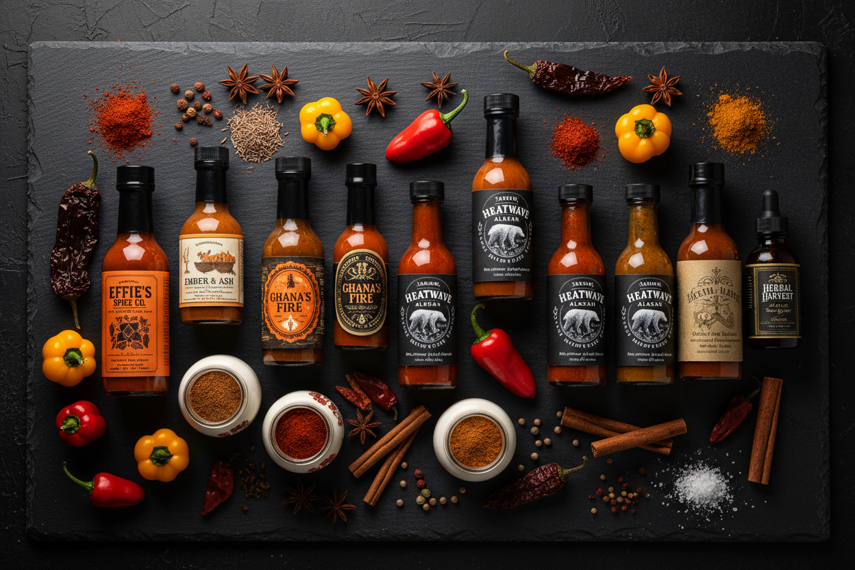 Curated collection of small-batch craft hot sauce brands E through H including Elijah's Xtreme EssieSpice Faida Foods Fat Cat Gourmet Female Rage Hot Sauce Global Wok Gladesmen's Best and Harmacy Hot Sauce Co.