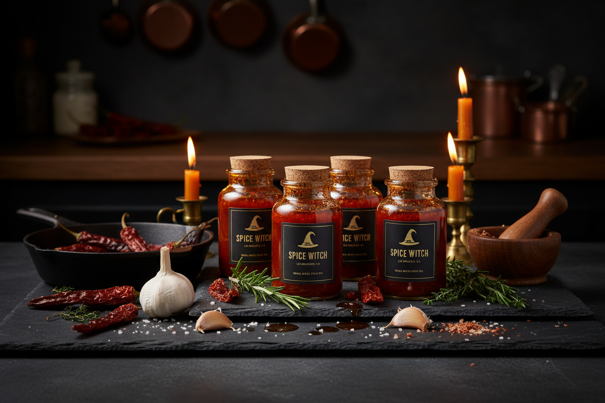 Spice Witch small-batch artisan chili oil specialty condiment collection chili garlic from Los Angeles California