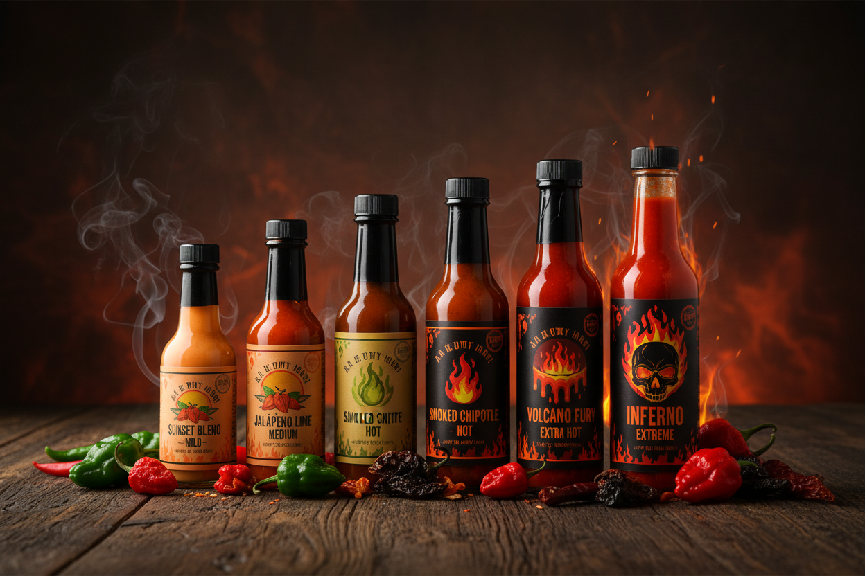 Heat Levels artisan hot sauce collection arranged by heat intensity from mild to extreme