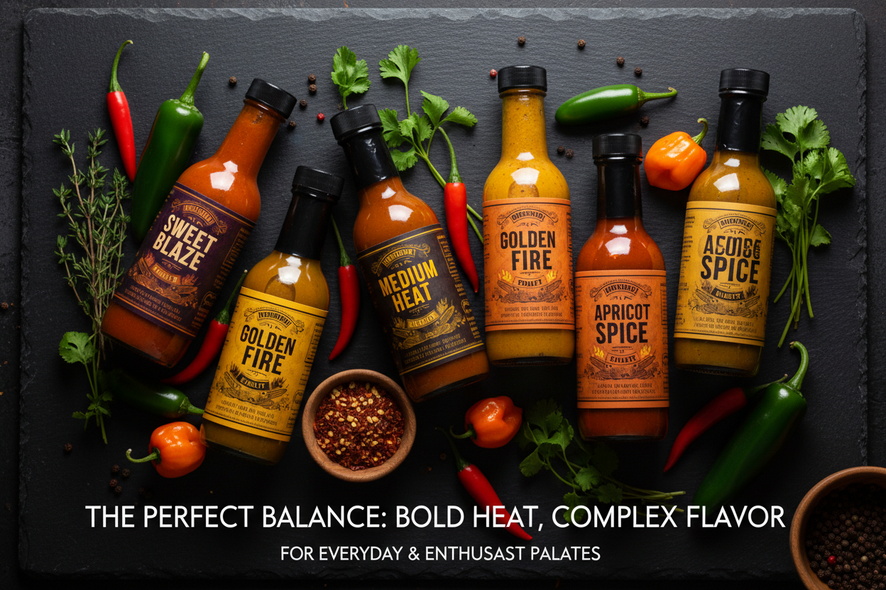Medium Heat collection of bold small-batch craft hot sauces with balanced heat and complex flavor perfect for everyday hot sauce lovers