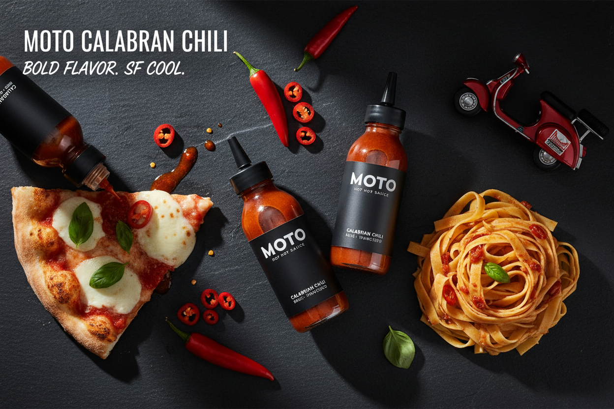 MOTO Calabrian Chili Hot Sauce Italian-inspired small-batch artisan hot sauce collection with bold fruity Calabrian chili heat from San Francisco California