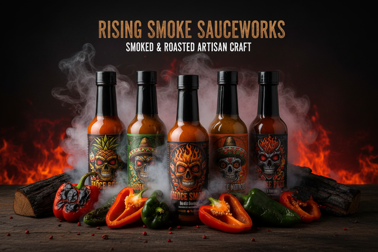 Rising Smoke Sauceworks smoked artisan hot sauce collection roasted pepper flavors