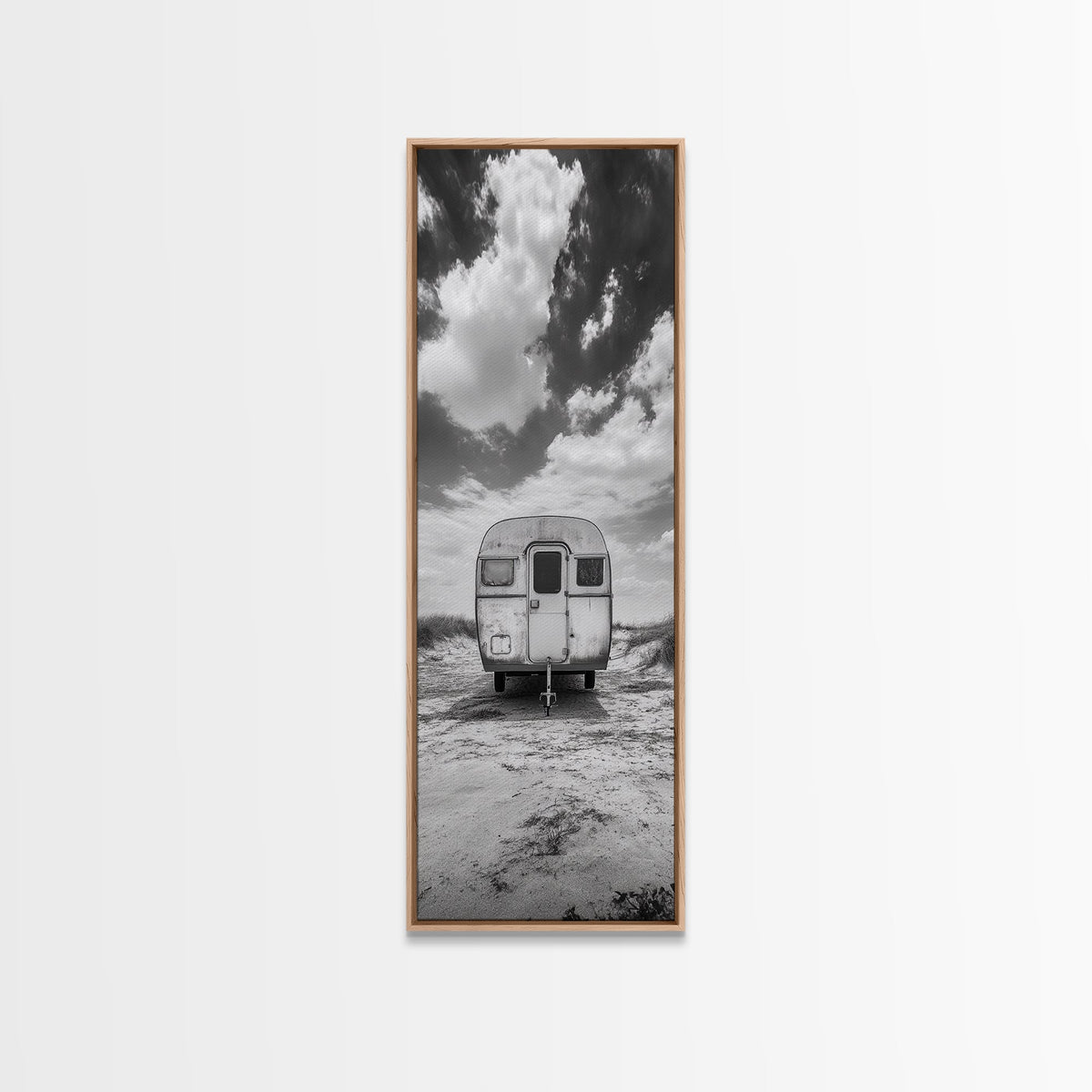 Vintage Camper, Cloudy Sky, Wanderlust Life, Desert Minimalism, Framed Canvas Print, Retro Travel Wall Art, Boho Bedroom Print, Office Art