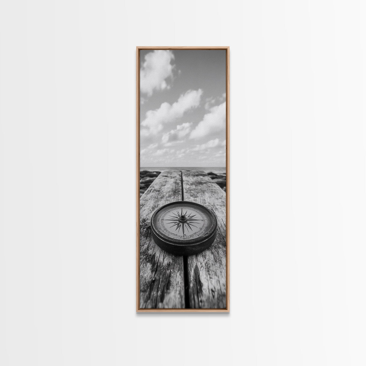 Vintage Compass, Weathered Wood, Ocean Horizon, Canvas Print, Nautical Wall Art, Study Room Decor, Travel Adventure Theme, Library Decor
