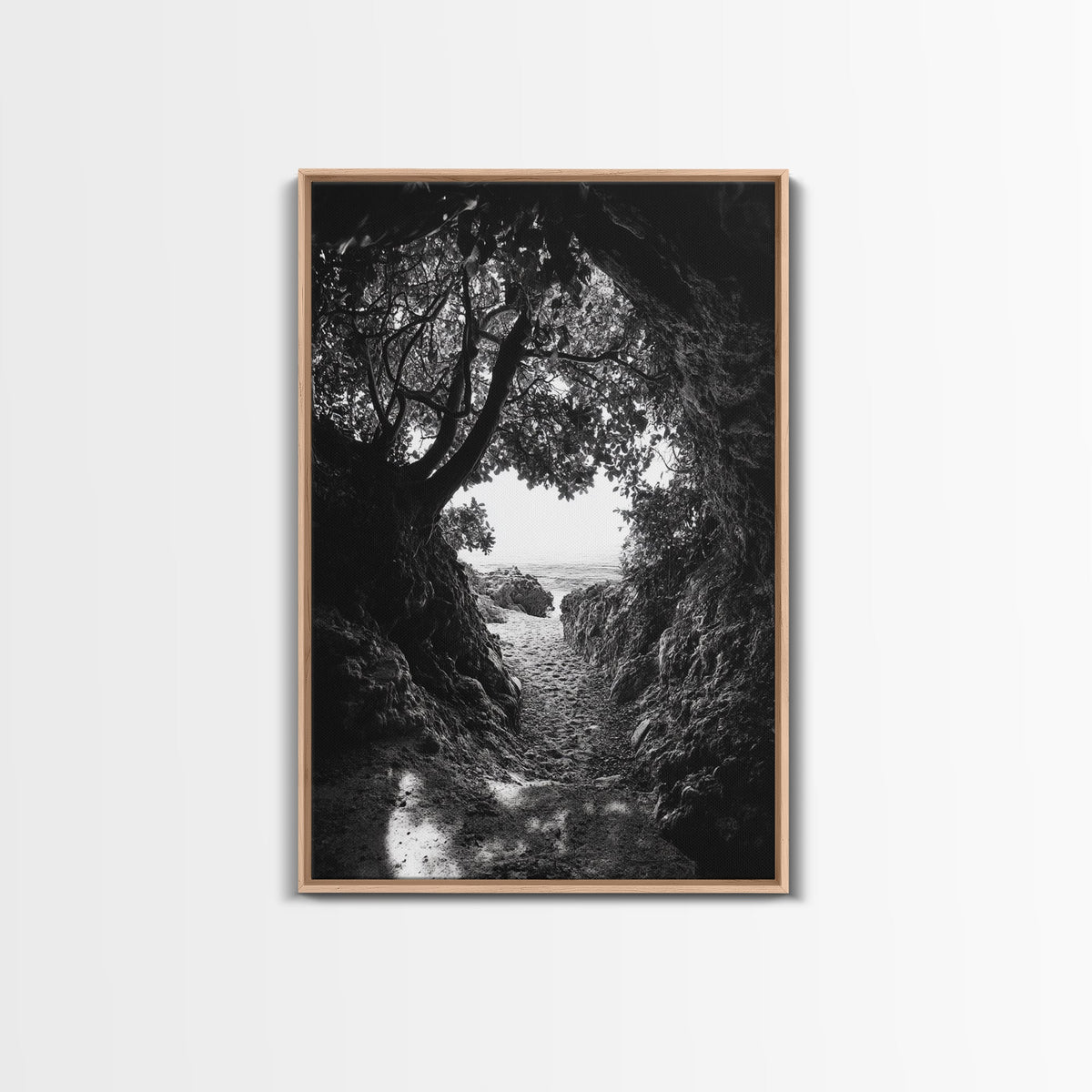 Hidden Beach, Cave Entrance, Secret Shoreline, Natural Light, Canvas Print, Bathroom Wall Decor, Travel Inspired Art, Black And White