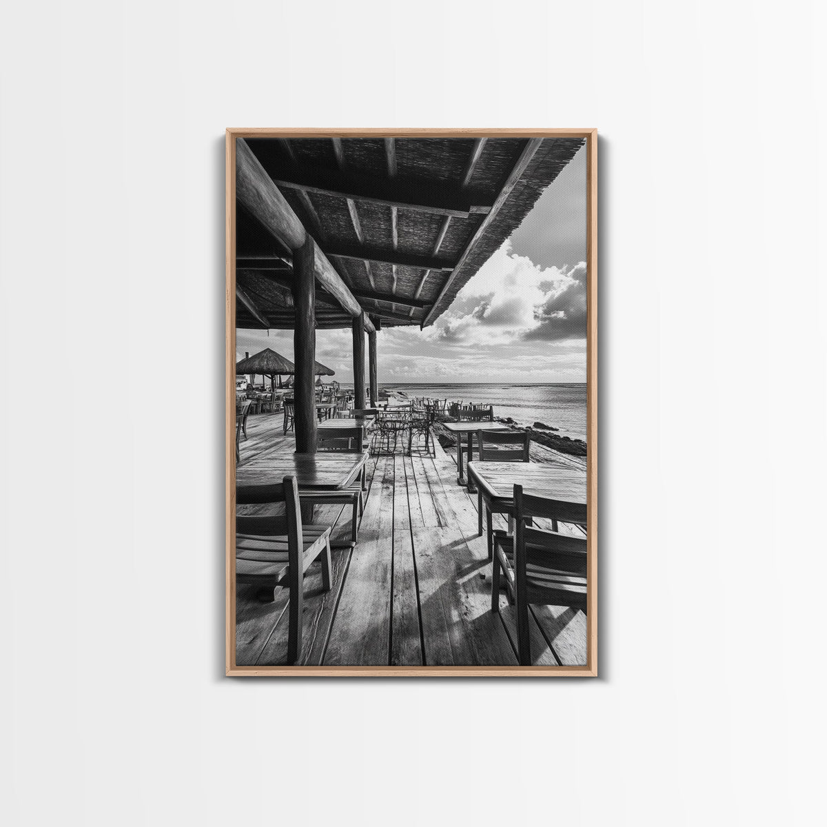 Seaside Café, Coastal Patio, Ocean View, Canvas Print, Rustic Kitchen Wall Art, Tropical Dining Decor, Travel Lifestyle Art