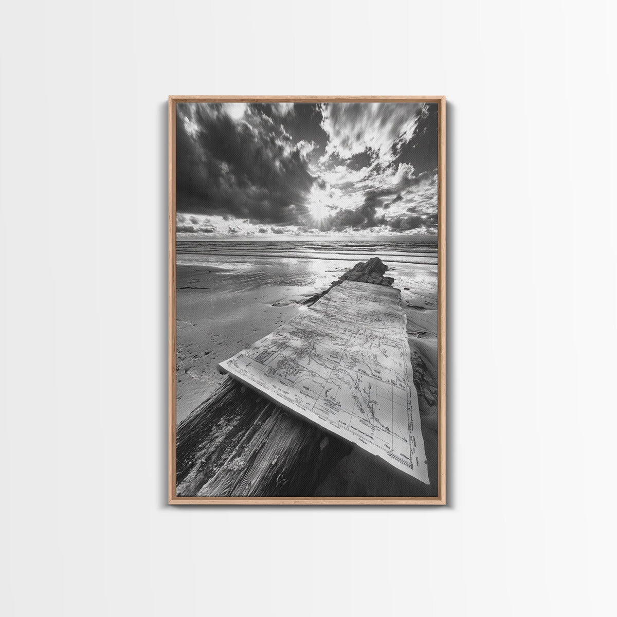Map On Beach, Travel Adventure Art, Wanderlust Decor, Coastal Office Style, Framed Canvas Print, Explorer Aesthetic, Black White Scene