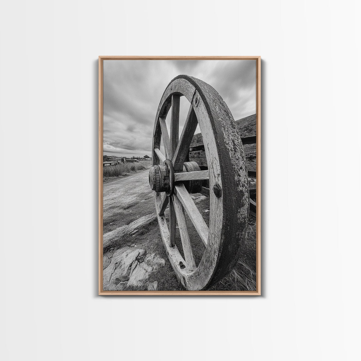 Rustic Wagon Wheel, Country Road, Western Wall Decor, Framed Canvas Print, Farmhouse Style, Living Room Art, Vintage Photography