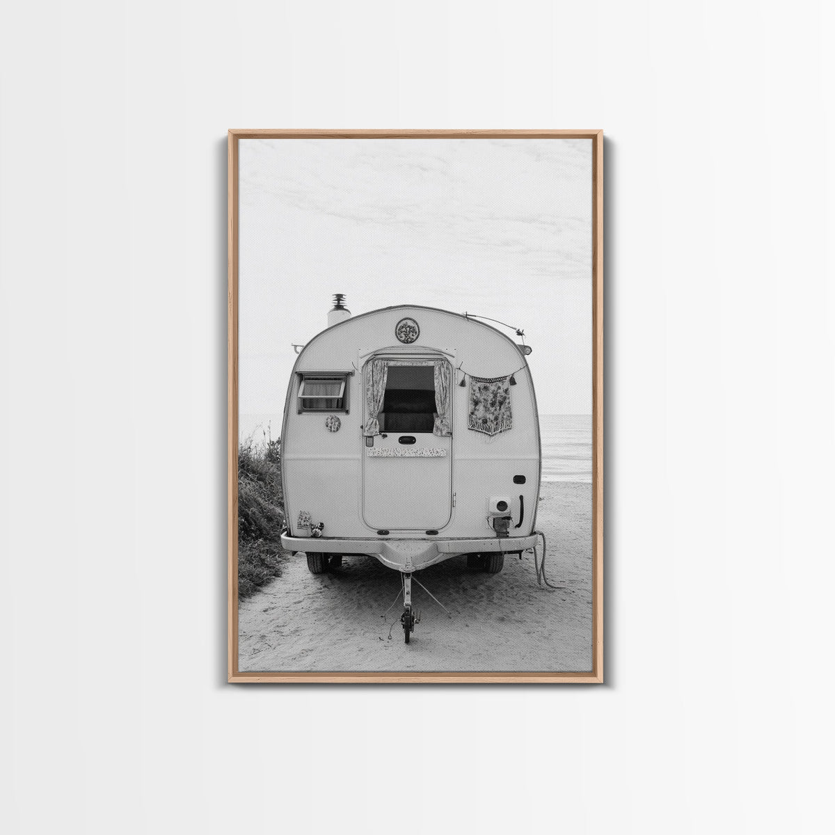 Camper, Vintage, Beach, Boho - Coastal trailer life, Framed Canvas Print, retro decor, great bedroom or travel-inspired office art, black white