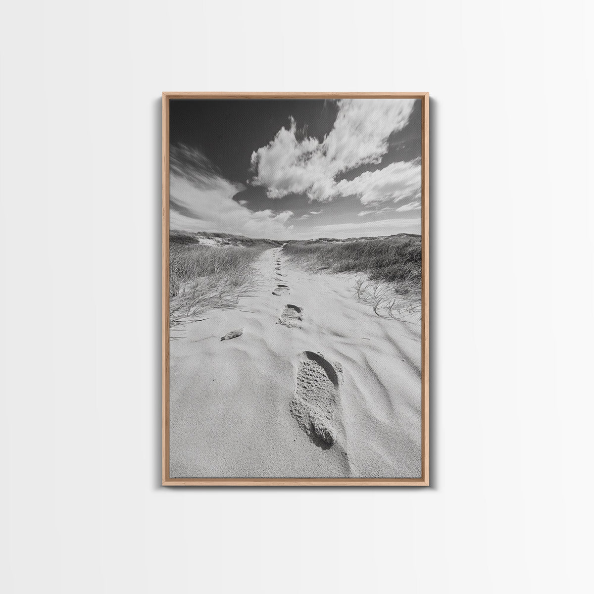 Desert Footprints Path, Dune Art, Wanderlust Vibes, Monochrome Landscape, Framed Canvas Print, Bedroom Wall Decor, Minimalist Travel