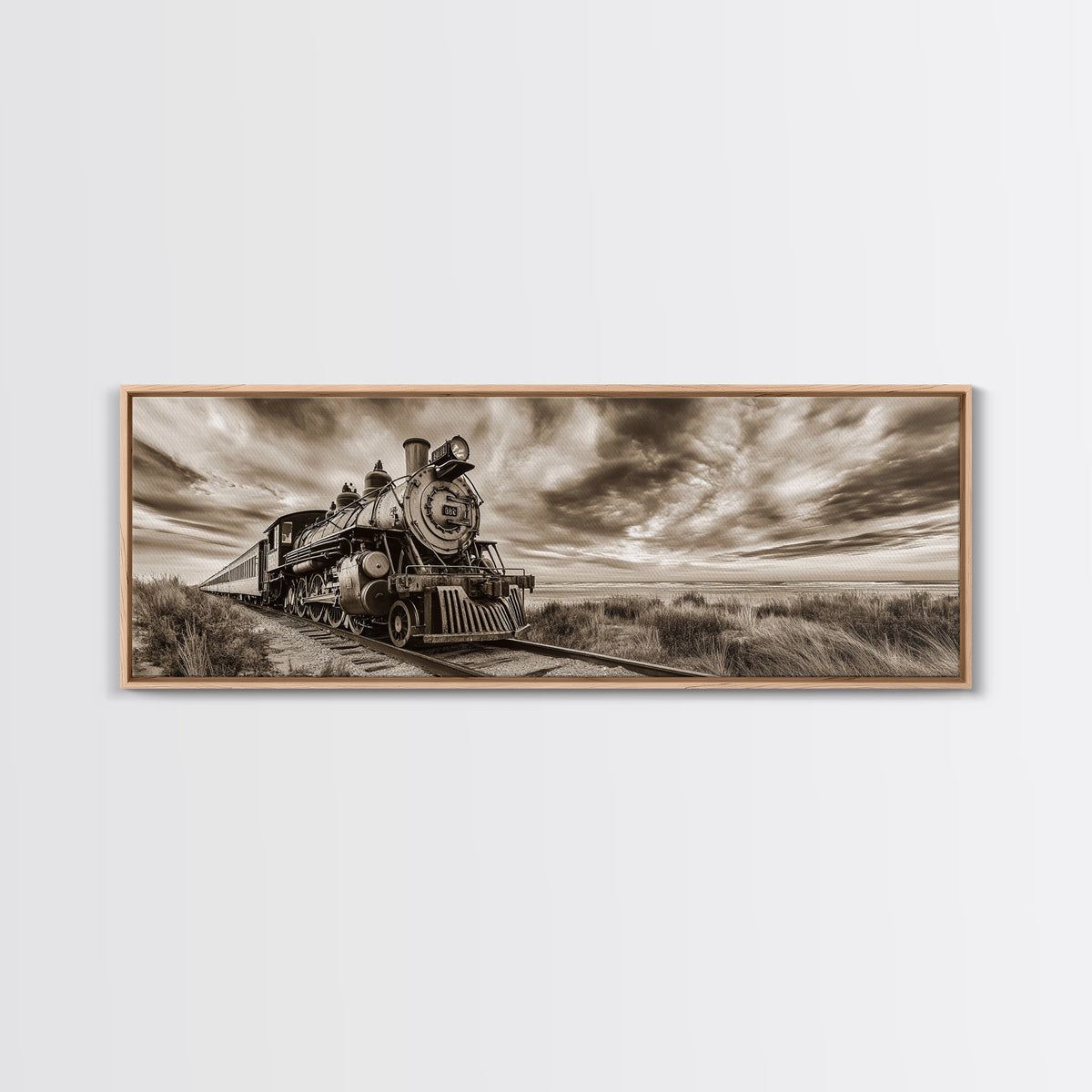 Vintage Train, Desert Steam, Rustic Travel, Western Railroad, Framed Canvas Print, Industrial Decor, Man Cave Wall Art, Rustic Western Art