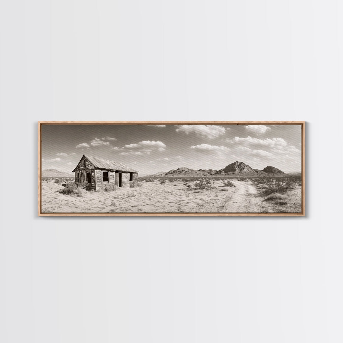 Desert Cabin, Rustic Shack, Western Landscape, Framed Canvas Print, Sepia Wall Art, Office Decor, Vintage Desert Scene